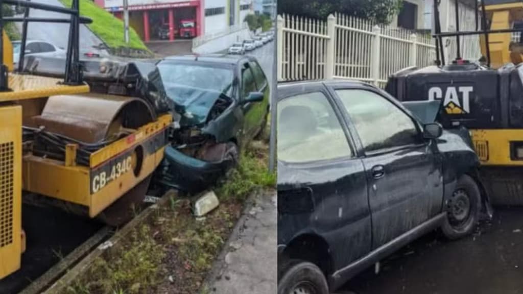 Carro que transportava mãe e bebê de 8 meses bate em rolo compactador estacionado