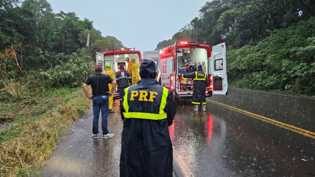Caminhão sai da pista e deixa dois adultos e uma criança feridos na BR-282