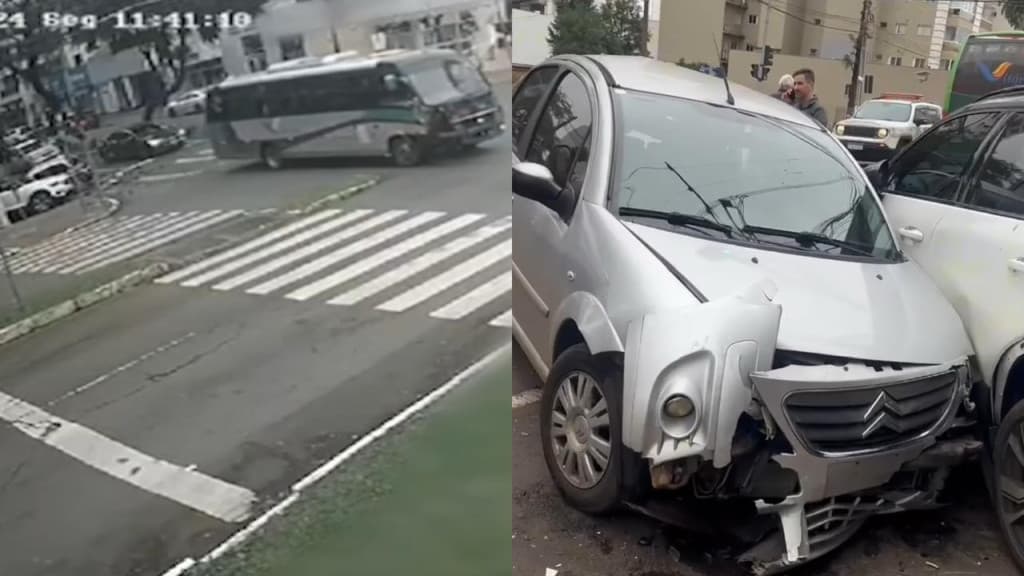 VÍDEO: Ônibus não para em cruzamento e arrasta 5 veículos em SC