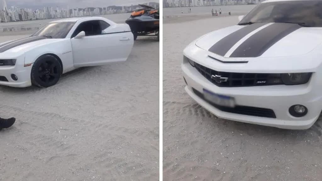 Camaro invade a faixa de areia na praia Central em Balneário Camboriú