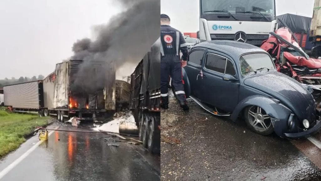 BR-277 segue interditada sentido interior do PR após engavetamento com cinco mortos
