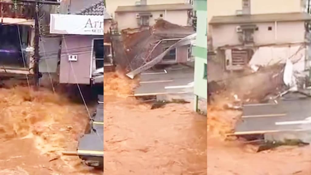 Casa é arrastada pela correnteza formada pelas chuvas, no Oeste de Santa Catarina