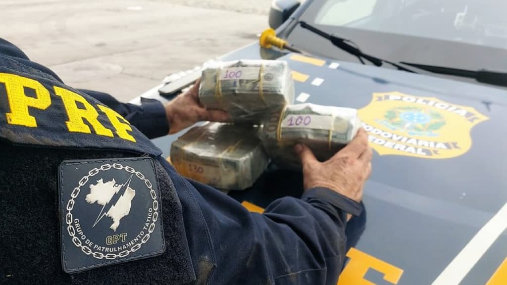 PRF apreende cerca de 330 mil dólares em fundo falso de picape na BR-101 em Itajaí