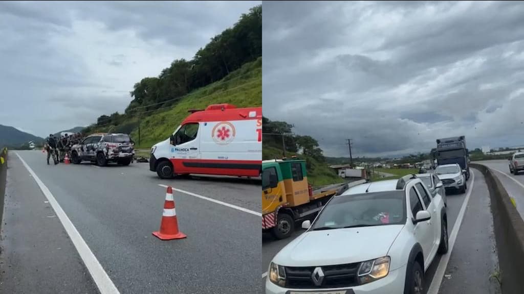 Acidente entre carro e carretas causa filas na BR-101, em Palhoça