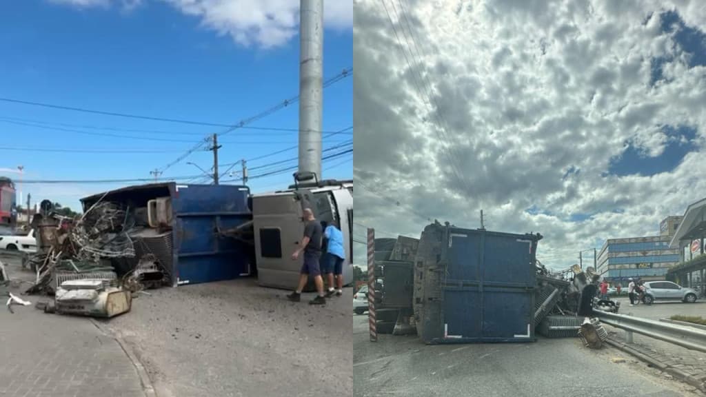 Motorista fica ferido após caminhão tombar em Joinville
