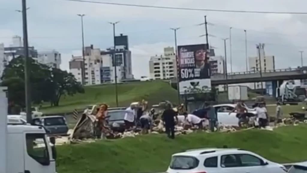 VÍDEO: Caminhão com batata frita congelada tomba e carga é saqueada na BR-101