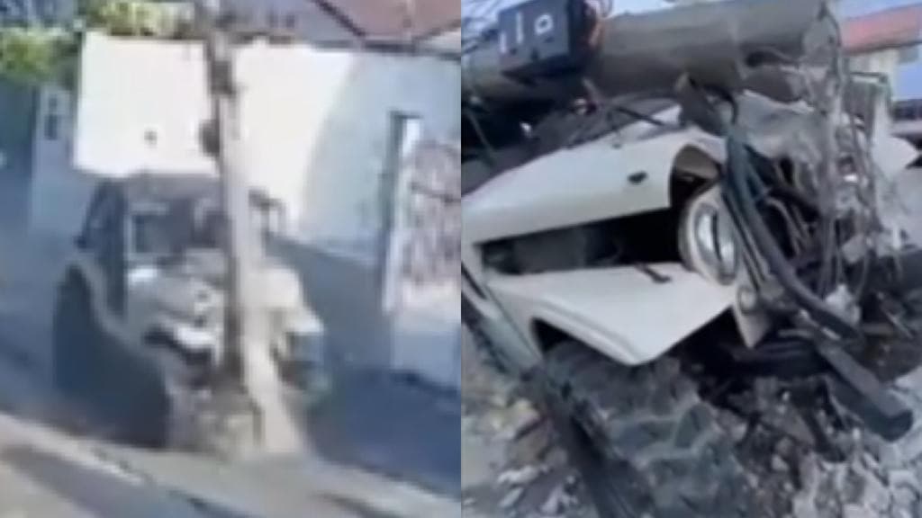 Motorista perde o controle de veículo e parte poste ao meio