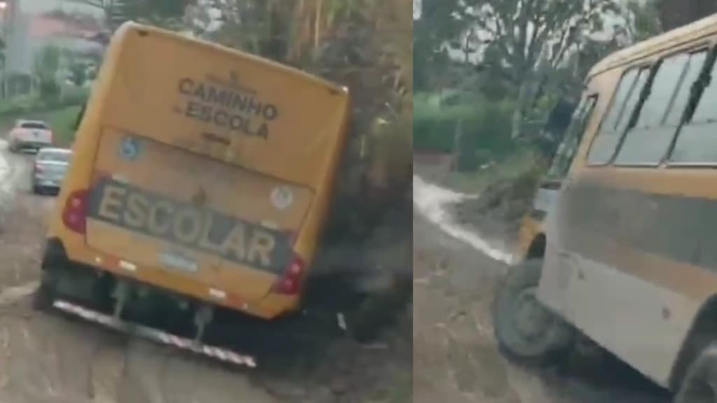 VÍDEO: Ônibus atola em Camboriú por conta da chuva e moradores reclamam de estrada precária