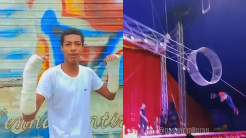 Jovem trapezista sobrevive a queda em número de pêndulo espacial em SC