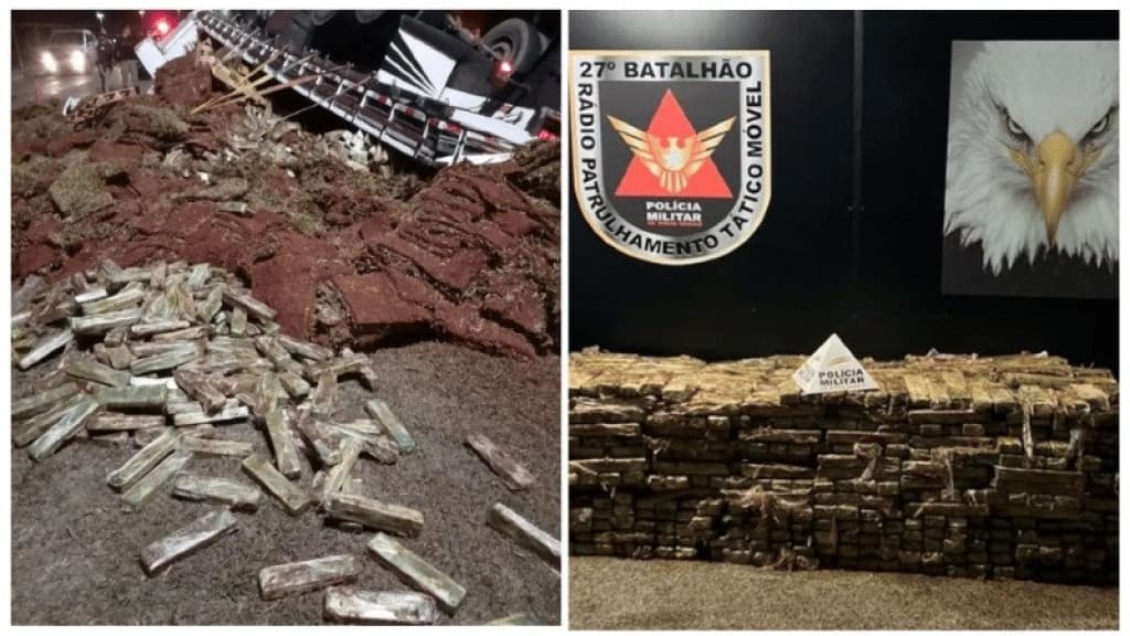 Caminhão com uma tonelada de maconha tomba em frente a batalhão da PM