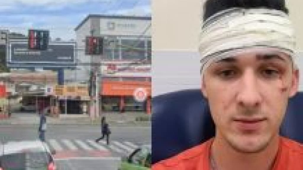 Ônibus bate em poste e semáforo cai na cabeça de jovem