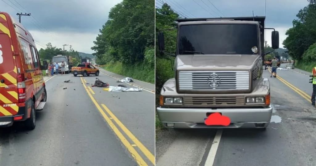 Casal de haitianos morre em grave acidente entre moto e caminhão na SC-108