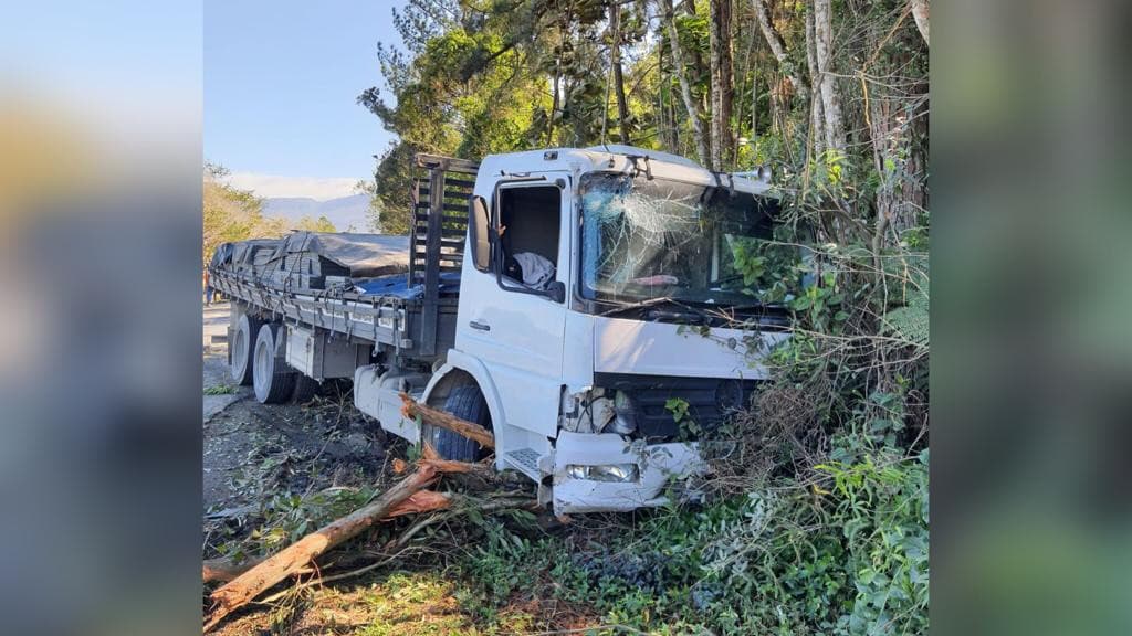 Caminhão é atingido por árvore e sai de pista na BR-470 em SC