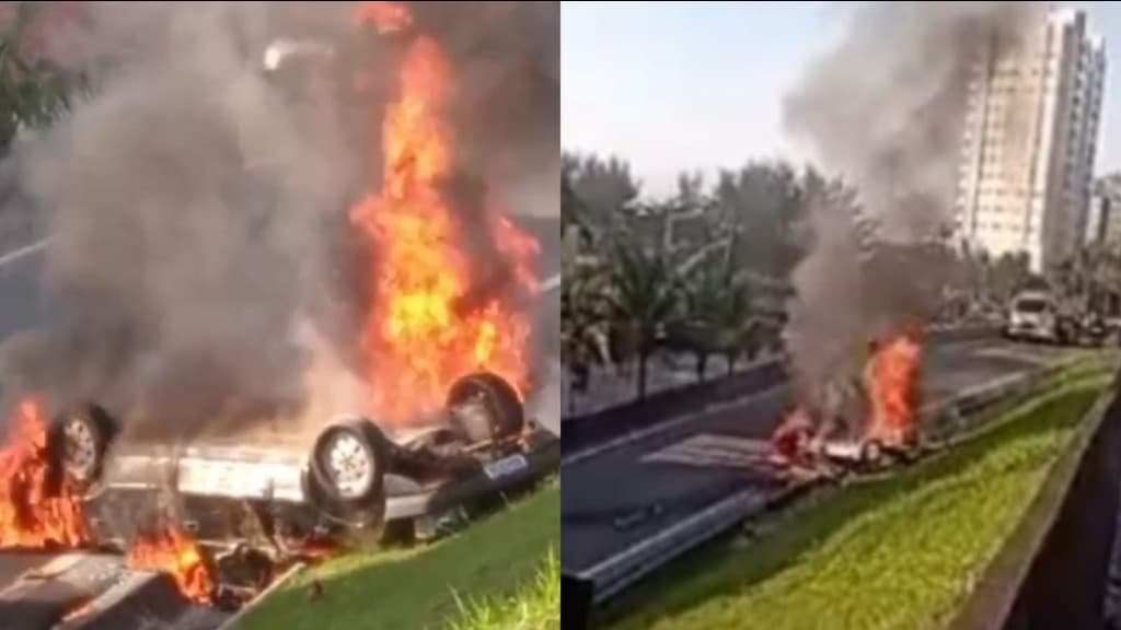 AGORA: Carro capota e pega fogo na entrada de Itapema