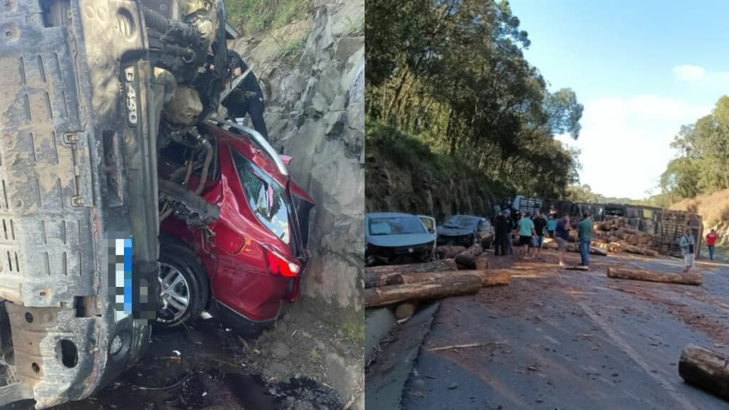 Carro é esmagado por carreta carregada com toras de madeira na BR-116