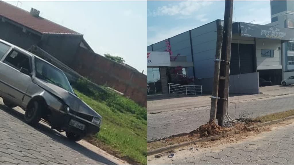 Carro é abandonado após colidir em poste na P4, em Tijucas