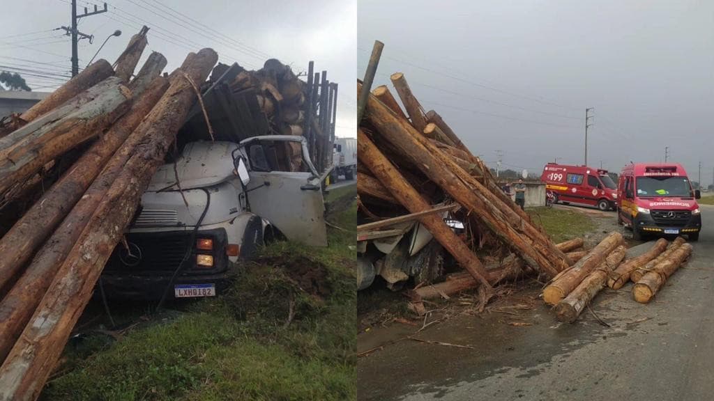 Homem morre esmagado após toras de madeira caírem sobre cabine de caminhão na BR-470 em SC