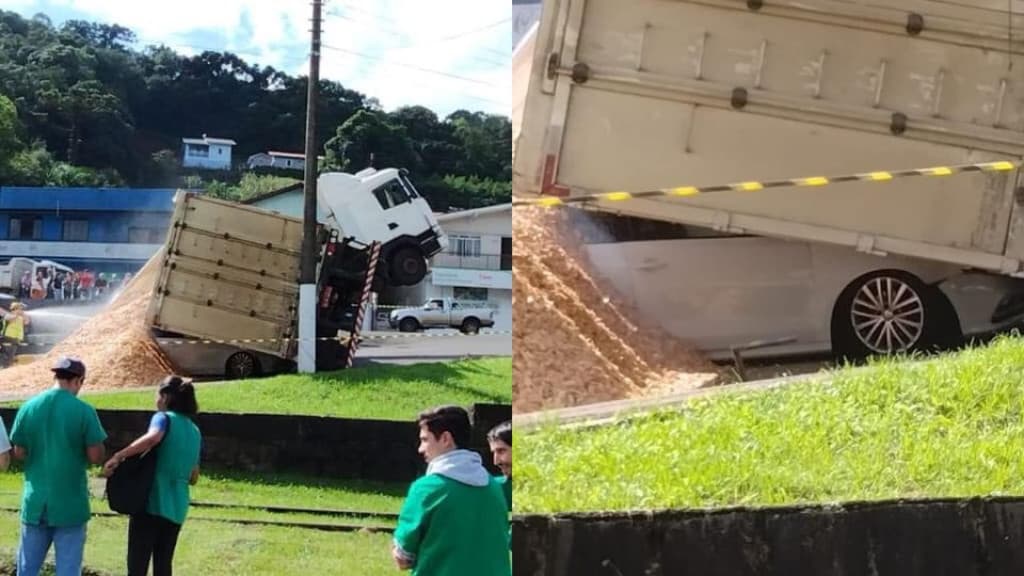 Caminhão tomba em cima de veículo após manobra arriscada