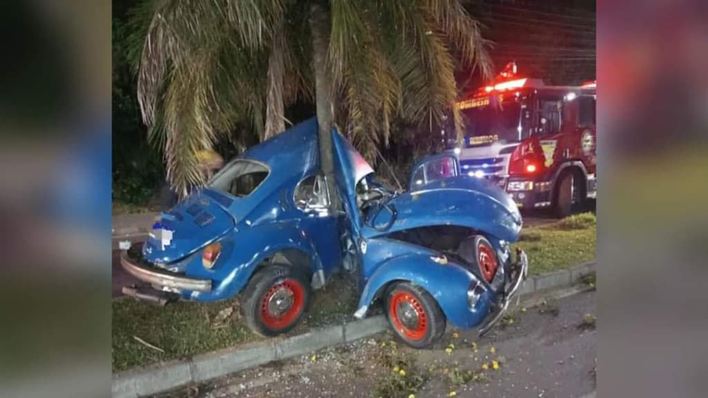 Motorista colide em árvore e Fusca é partido ao meio em SC