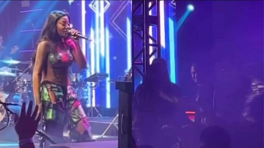 Cantora Ludmila, do “Elvira do Ipiranga”, se irrita em Florianópolis e joga água na plateia