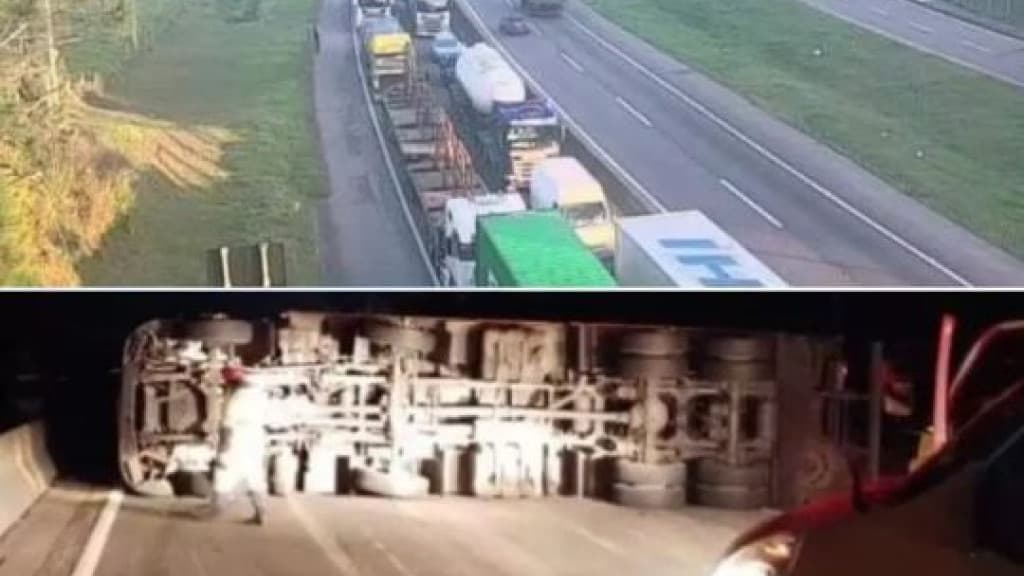 Caminhão com toneladas de alumínio tomba na BR-101 e provoca trânsito quilométrico