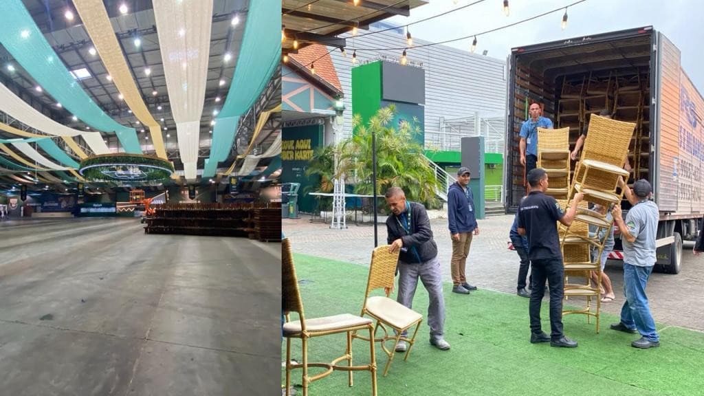 Trabalhadores desmontam estrutura da Oktoberfest Blumenau devido ao risco de enchente