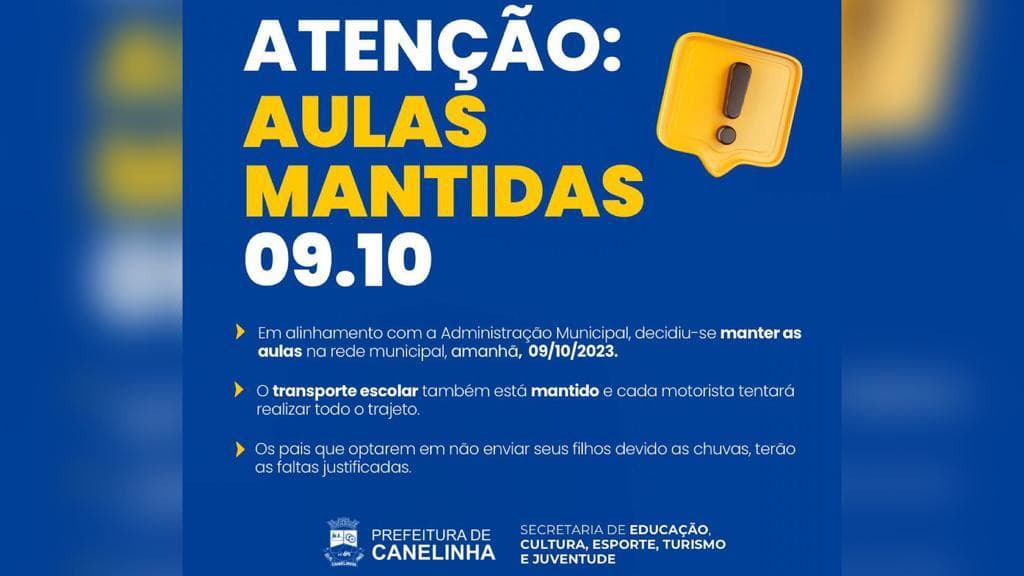 Canelinha mantém aulas normalmente nesta segunda-feira