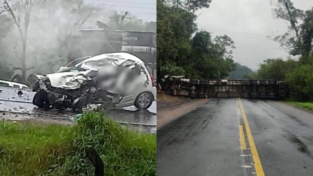 Carreta tomba após acidente e condutor de veículo morre na BR-470, em SC