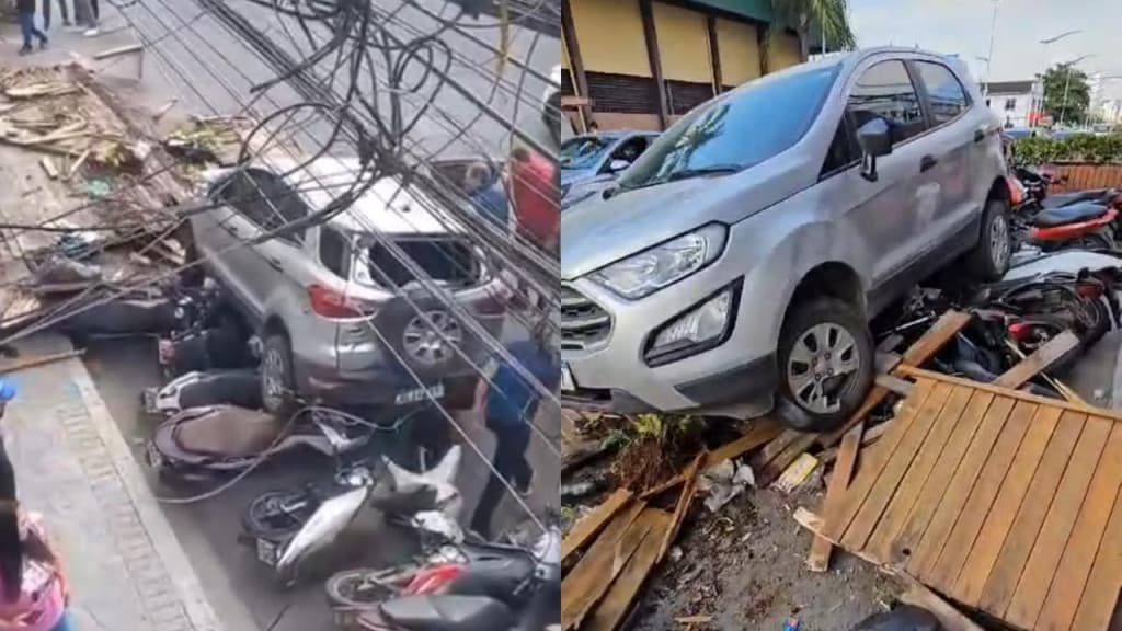 Idoso com carro automático faz “strike” em motos e destrói deck de madeira