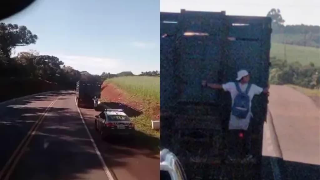 Carona perigosa: Homem é flagrado pendurado em caminhão na BR-282, em SC