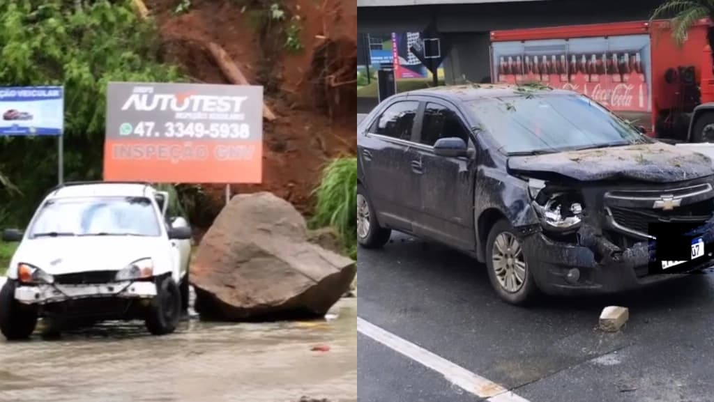 Pedra gigante se solta e atinge carros às margens da BR-101, em Balneário Camboriú