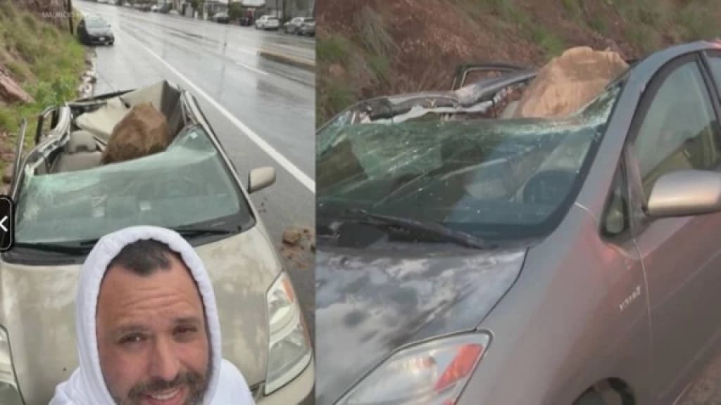 Carro é esmagado por rocha e homem é salvo após ligação de namorada