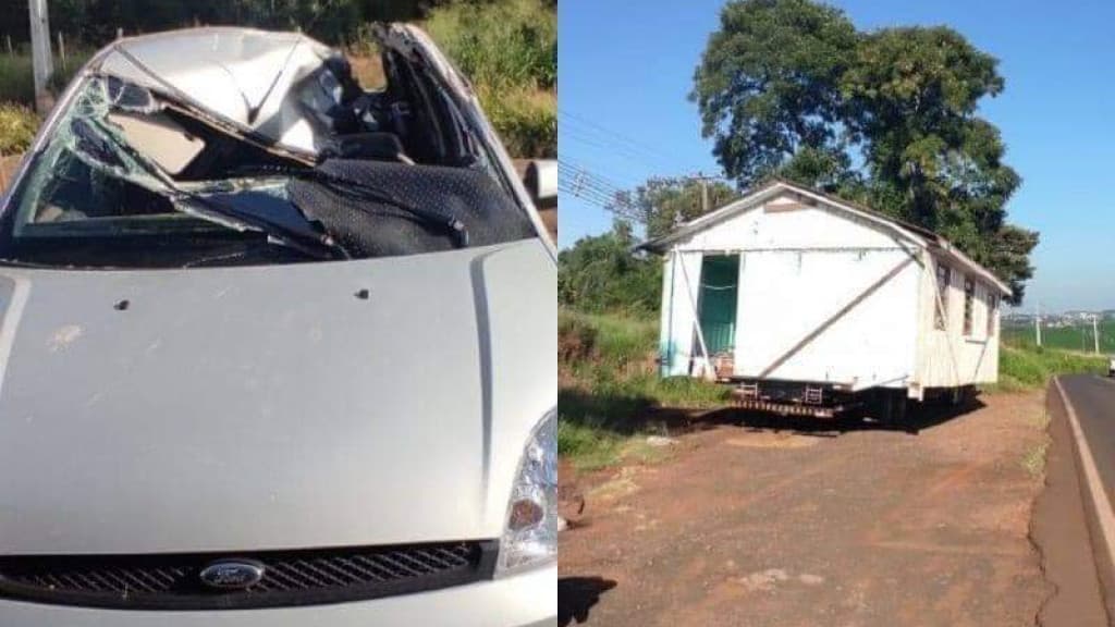 Carro colide com caminhão que transportava casa na SC-484 e deixa idoso em estado grave