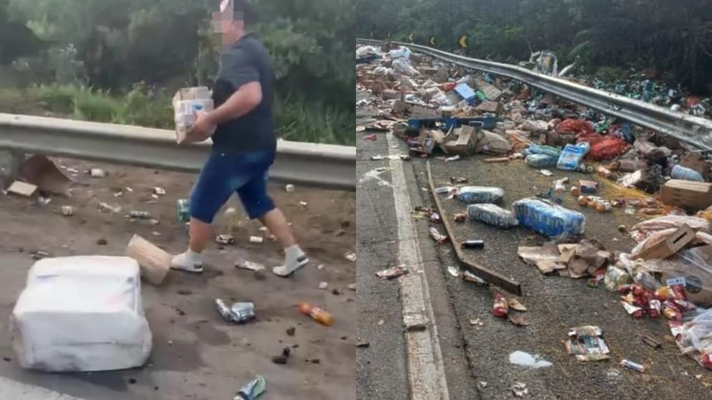 Caminhão tem carga de cerveja e alimentos saqueada após tombar, na  Serra Dona Francisca