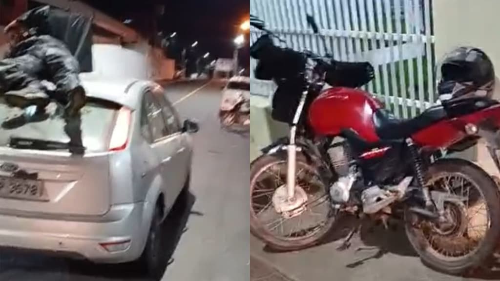Motociclista colide com carro, dá salto no ar e cai no teto de veículo