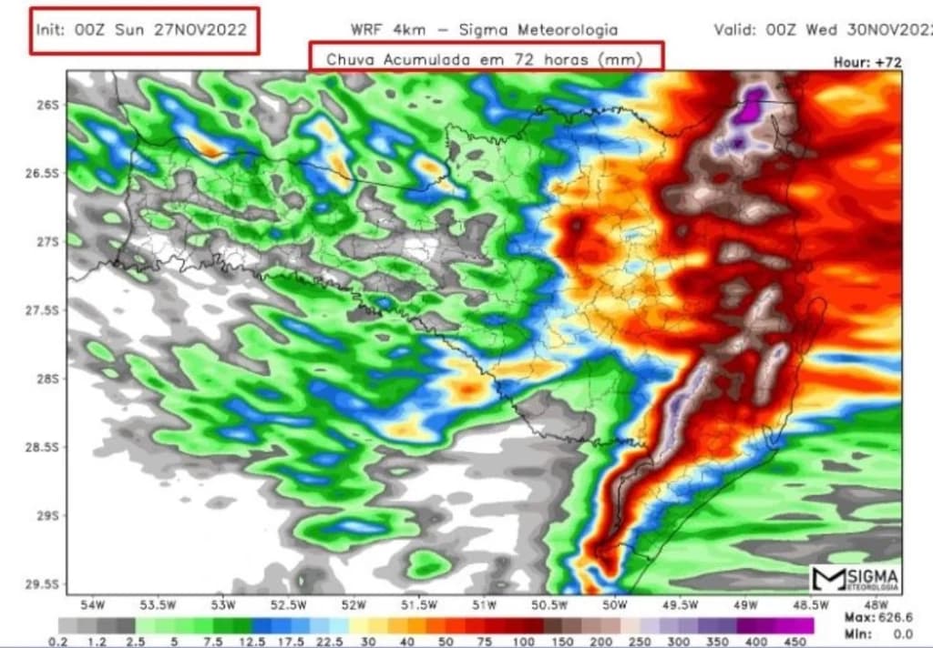 URGENTE: Previsão de até 600 mm de chuva nas próximas 72h no Litoral Norte de SC