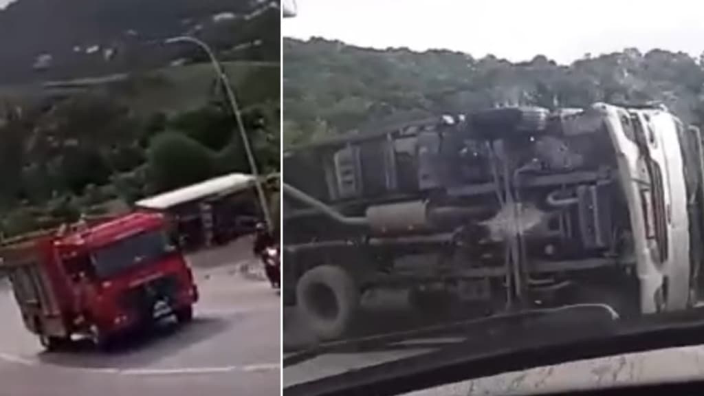 VÍDEO: Caminhão tomba em Bombinhas; motorista apresenta lesão grave