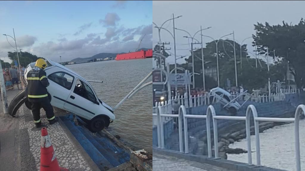 Carro atropela ciclistas e quase cai dentro de rio, em Itajaí