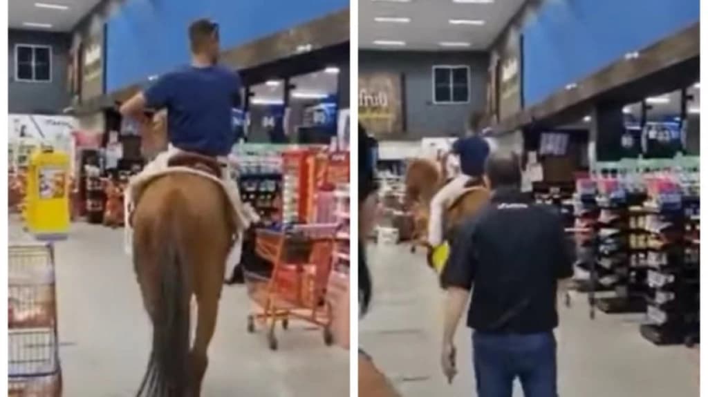 Homem entra a cavalo em mercado e é retirado por seguranças