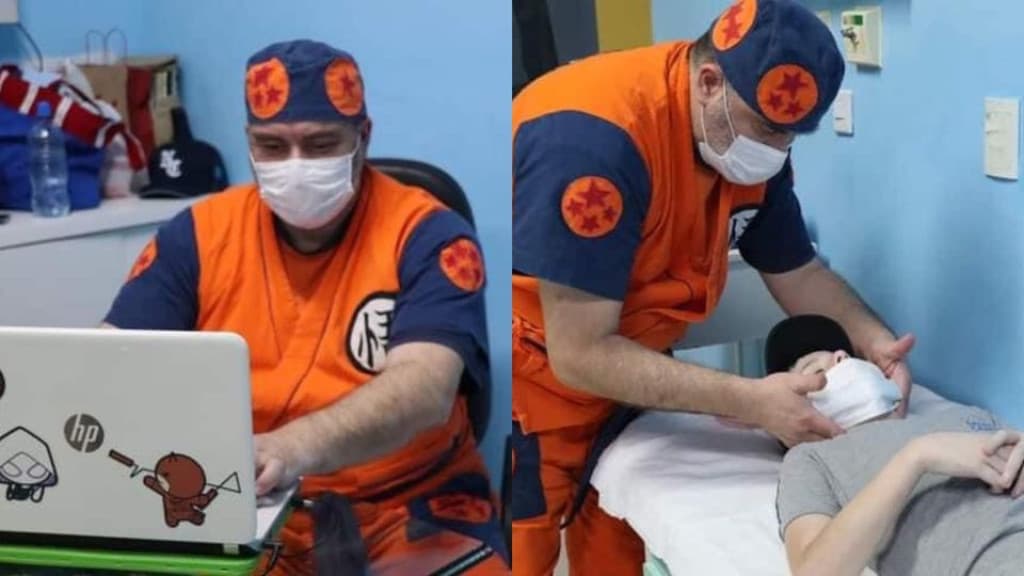 Médico atende crianças com figurino de personagens em Balneário Camboriú