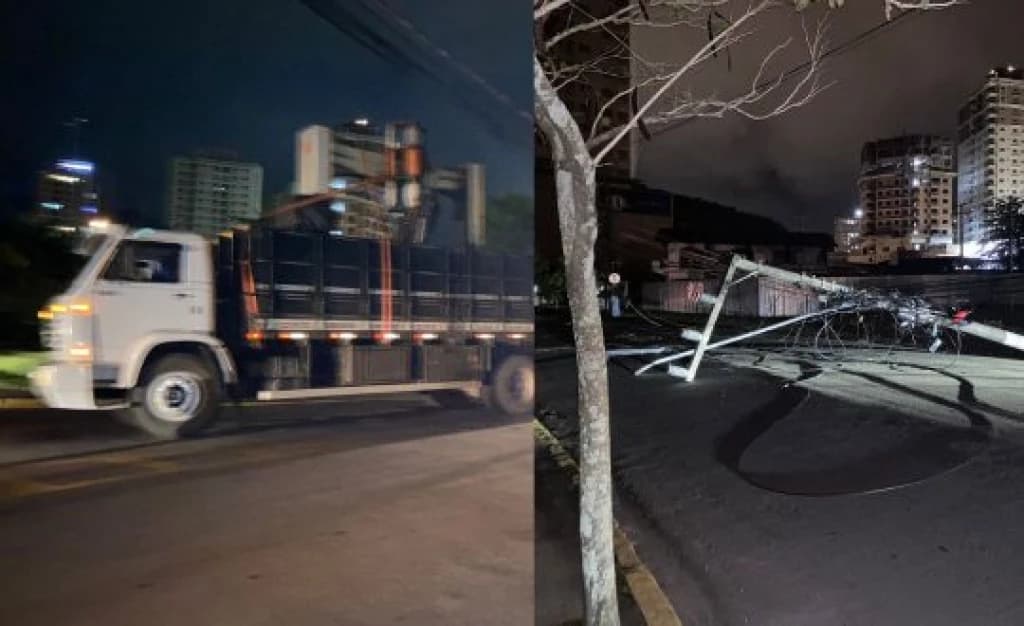 Caminhão arrasta fios, derruba poste e deixa sem energia Centro de Itapema