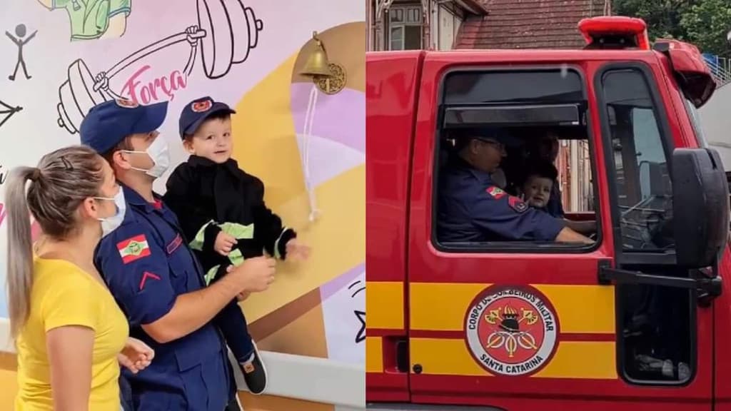 Menino vence câncer e celebra com os bombeiros ao tocar o sino da vitória