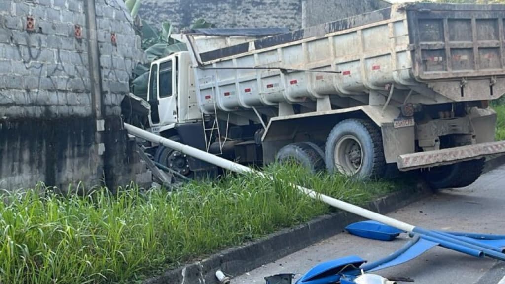 Caminhão perde controle, derruba poste e invade residência