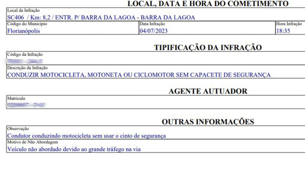 Morador de SC é multado por dirigir moto sem cinto de segurança