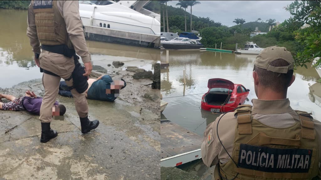 “Achei que era GTA”: bêbados  roubam carro em Itapema, fogem  da polícia e acabam dentro de rio