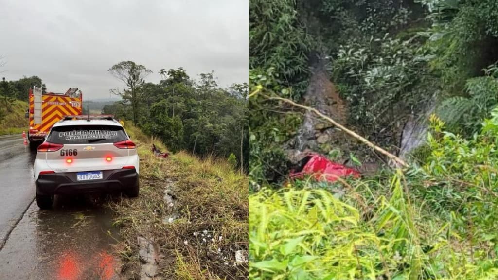 Motorista morre após carro sair de pista e cair em ribanceira