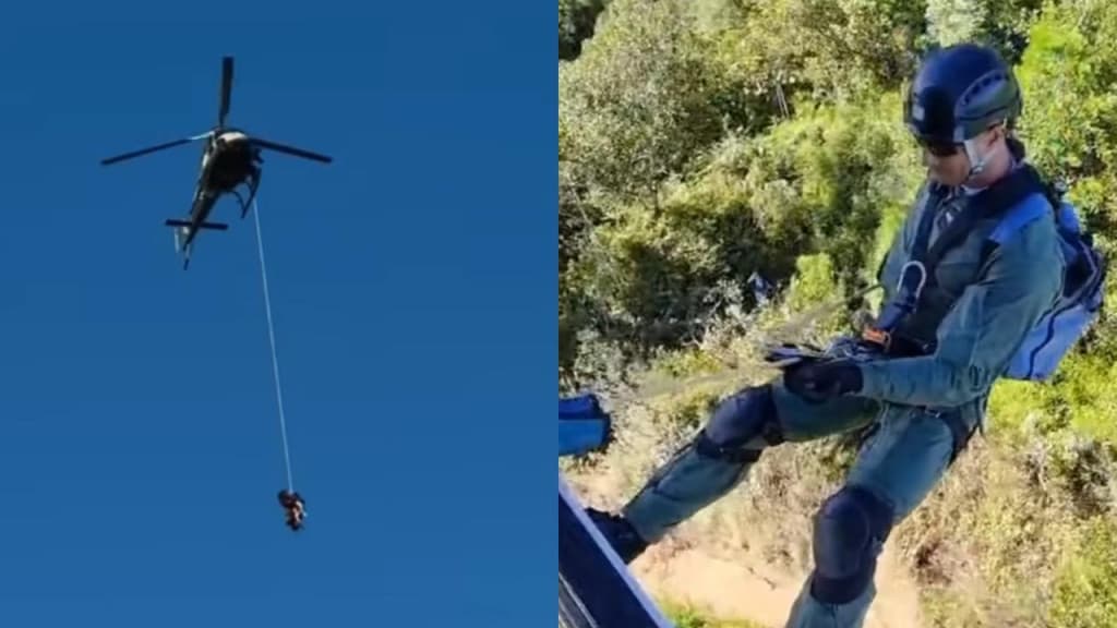 Mulher fica ferida durante trilha e é resgatada por helicóptero da PM em Palhoça