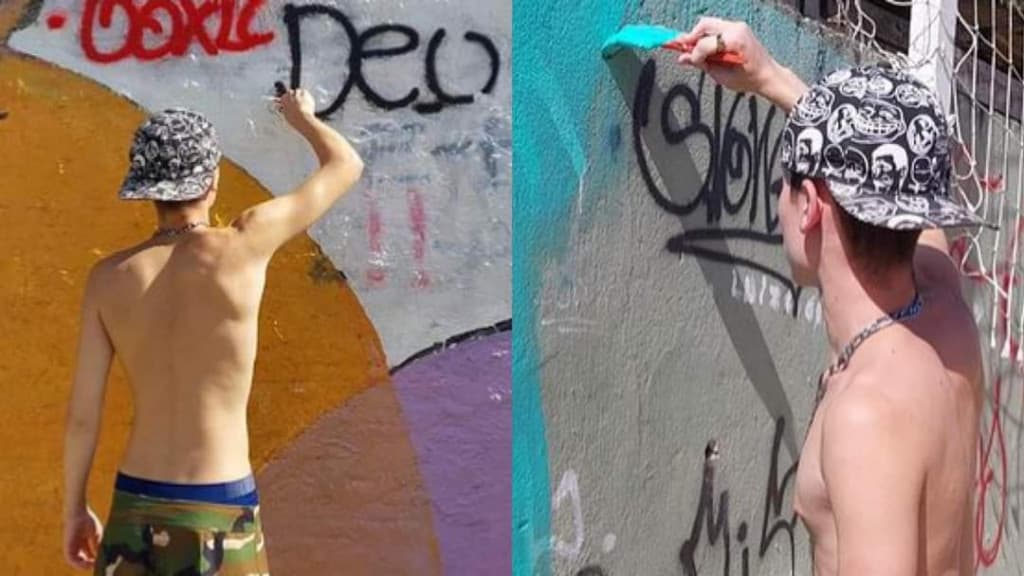 Mãe faz filho limpar pichação em praça de Balneário Camboriú