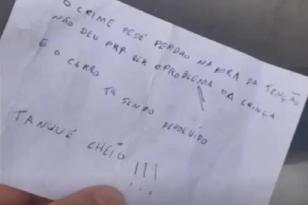 Comovido, ladrão se arrepende de roubo e devolve carro com tanque cheio