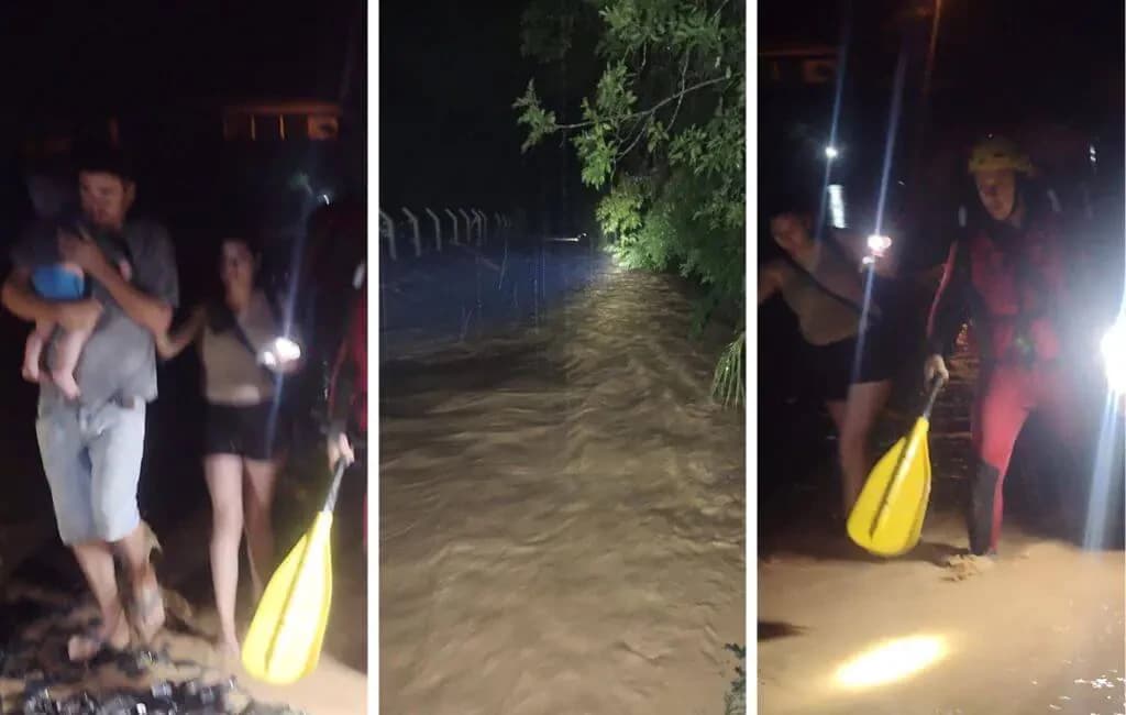 Rio transborda e famílias são resgatadas de casas alagadas pelos  bombeiros em SC